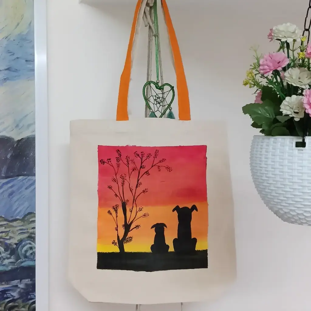 Two Dogs Silhouette Sunset Hand-Painted Canvas Tote Bag - Pet Love Art