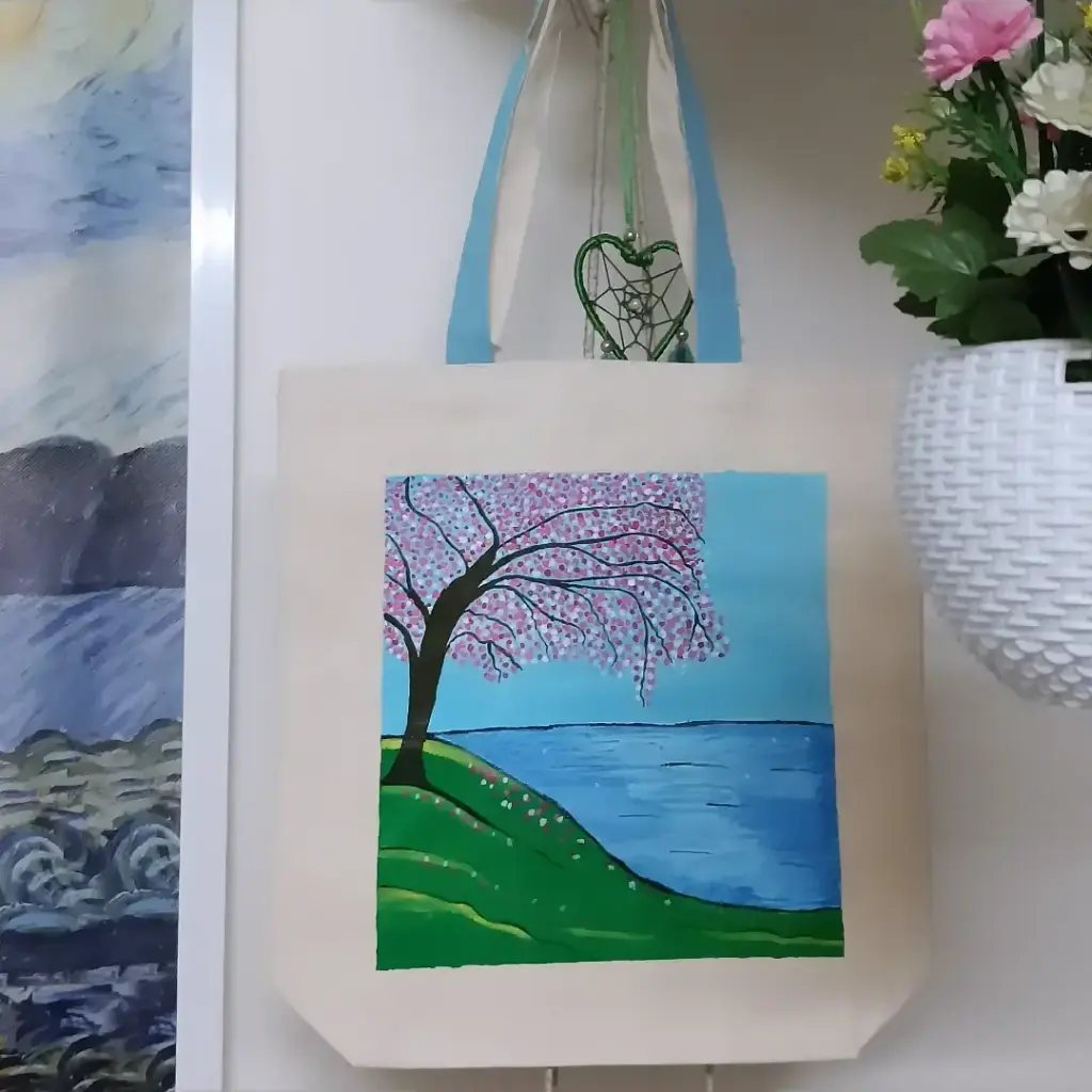 Cherry Blossom Tree Lake Scene Hand-Painted Canvas Tote Bag - Nature Art