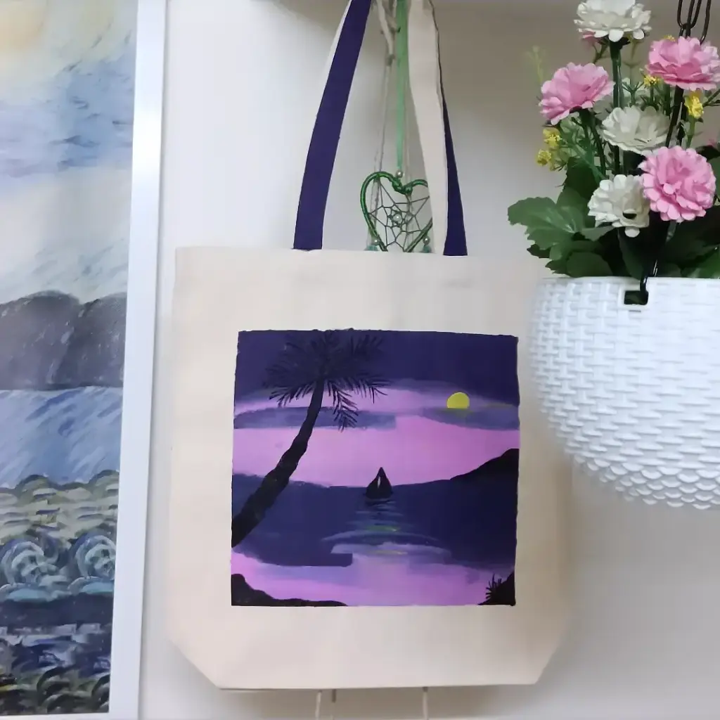 Purple Tropical Sunset Palm Tree Hand-Painted Canvas Tote Bag - Beach Vibes