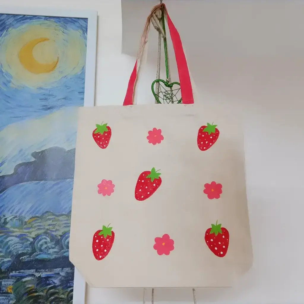 Strawberry & Flower Pattern Hand-Painted Canvas Tote Bag - Sweet Summer Design