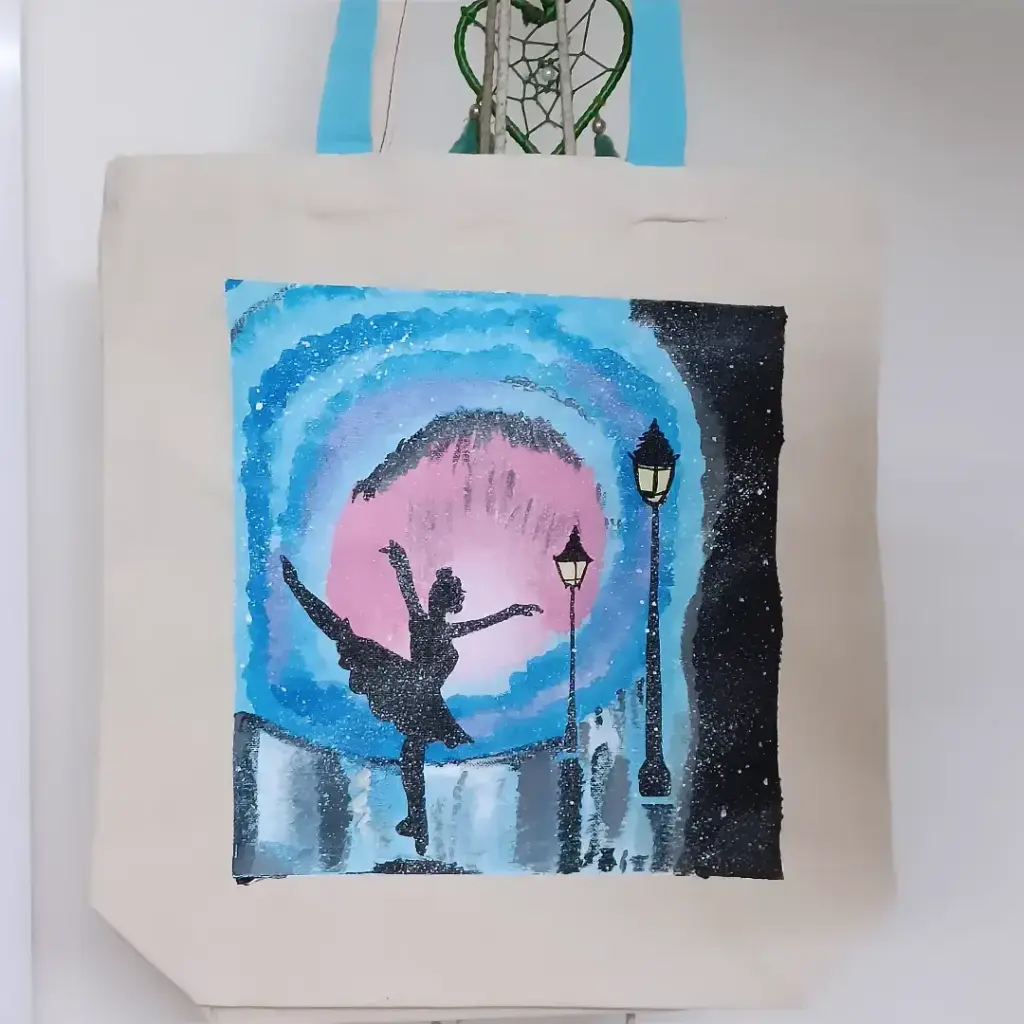 Dancing in the Rain Silhouette Hand-Painted Canvas Tote Bag - Whimsical Art