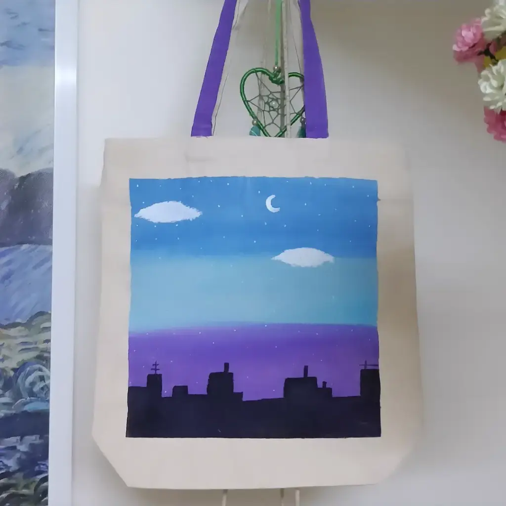 Night City Skyline Hand-Painted Canvas Tote Bag - Urban Twilight Art