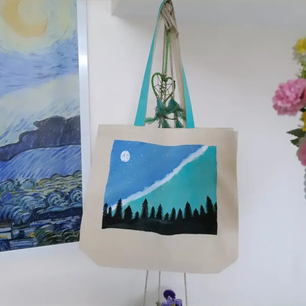 Mountain Forest Night Scene Hand-Painted Canvas Tote Bag - Wilderness Art