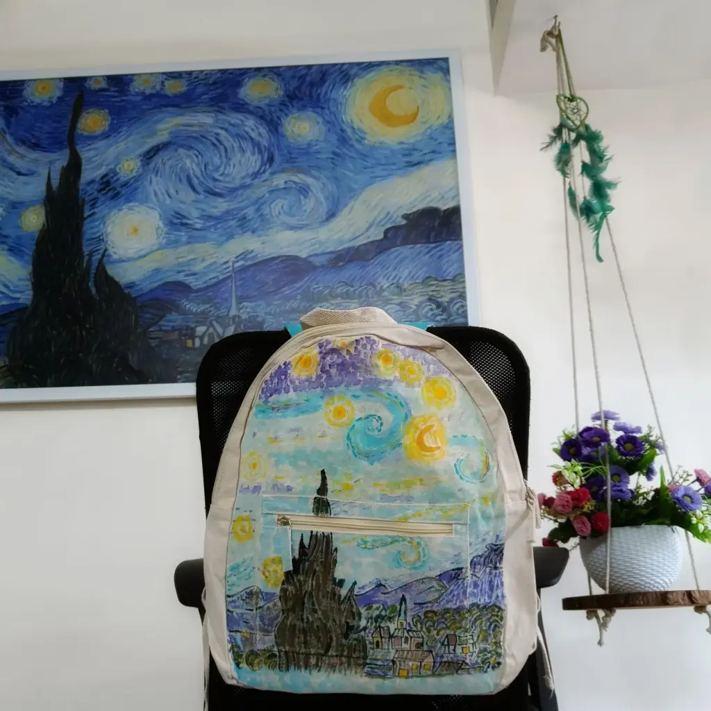 Starry Night Inspired Hand-Painted Canvas Backpack - Classic Art Style