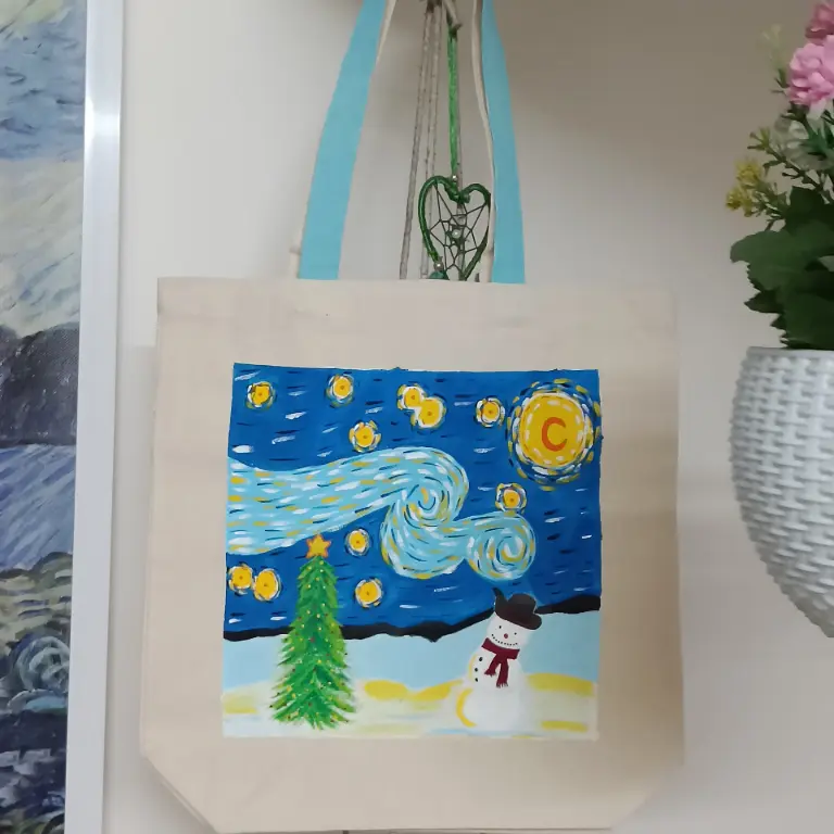 Hand-Painted Tote Bag  Starry Night Christmas Design | Eco-Friendly Cotton Bag