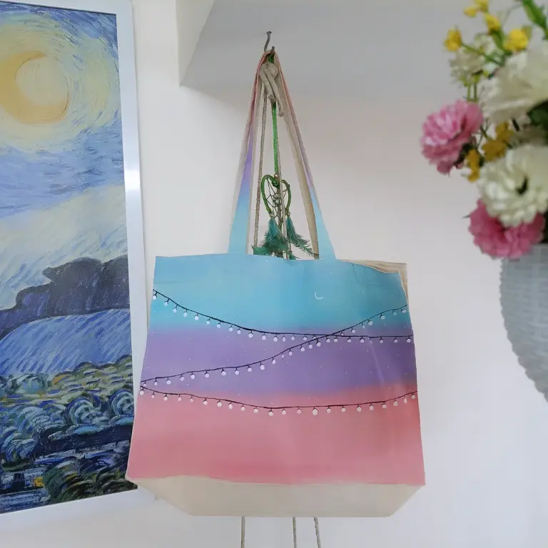 Rainbow Gradient String Lights Hand-Painted Canvas Tote Bag