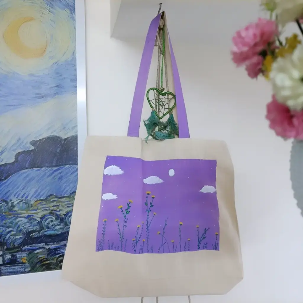 Purple Wildflower Field Hand-Painted Canvas Tote Bag - Botanical Art