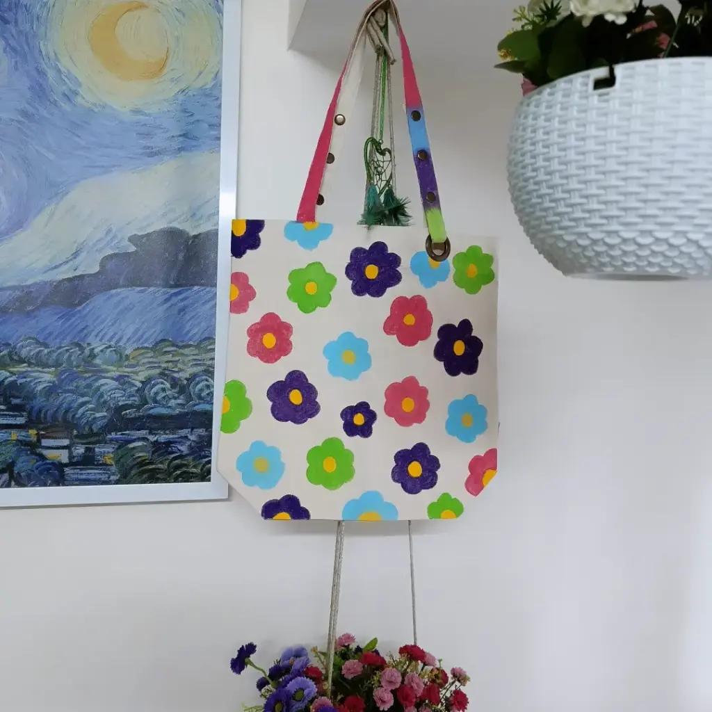 Vibrant Mixed Flower Pattern Hand-Painted Tote Bag with Decorative Handles