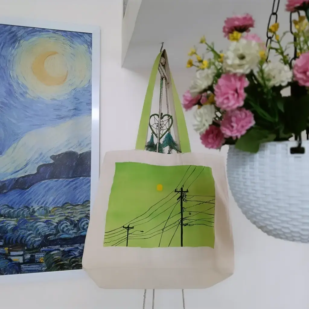 Green Sky Power Lines Hand-Painted Canvas Tote Bag - Urban Minimalist Art