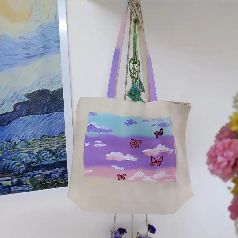Purple Sky Butterflies Hand-Painted Canvas Tote Bag - Dreamy Gradient Art