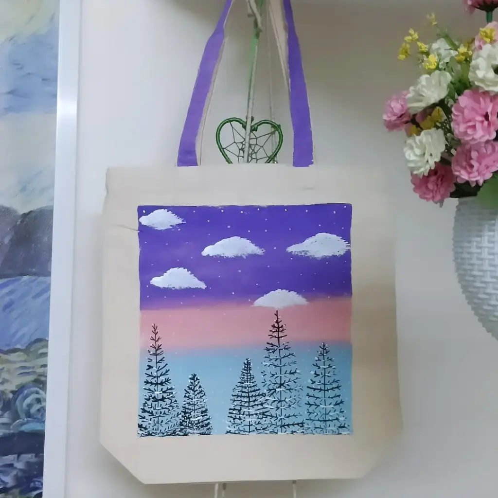 Winter Forest Sunset Hand-Painted Canvas Tote Bag - Snowy Pine Scene