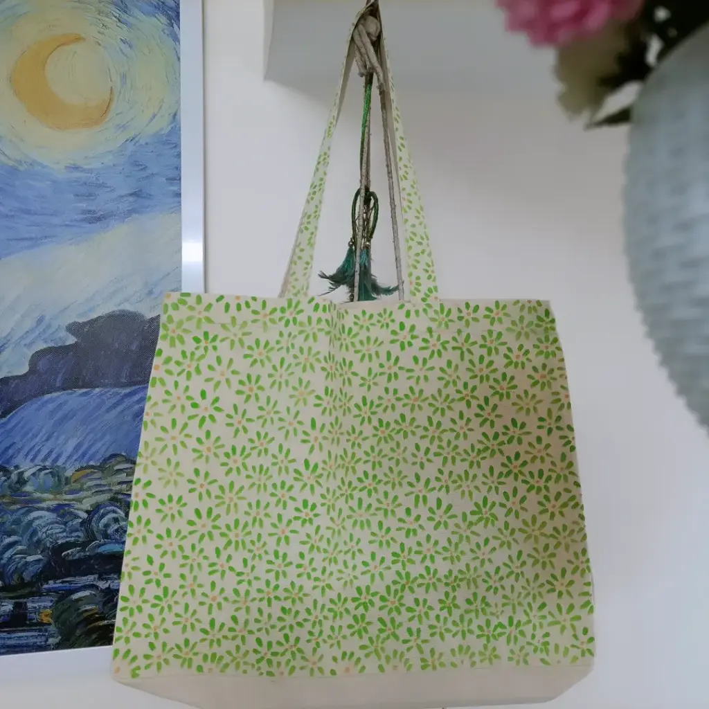 Green Floral Mandala Pattern Hand-Painted Canvas Tote Bag - Botanical Geometry