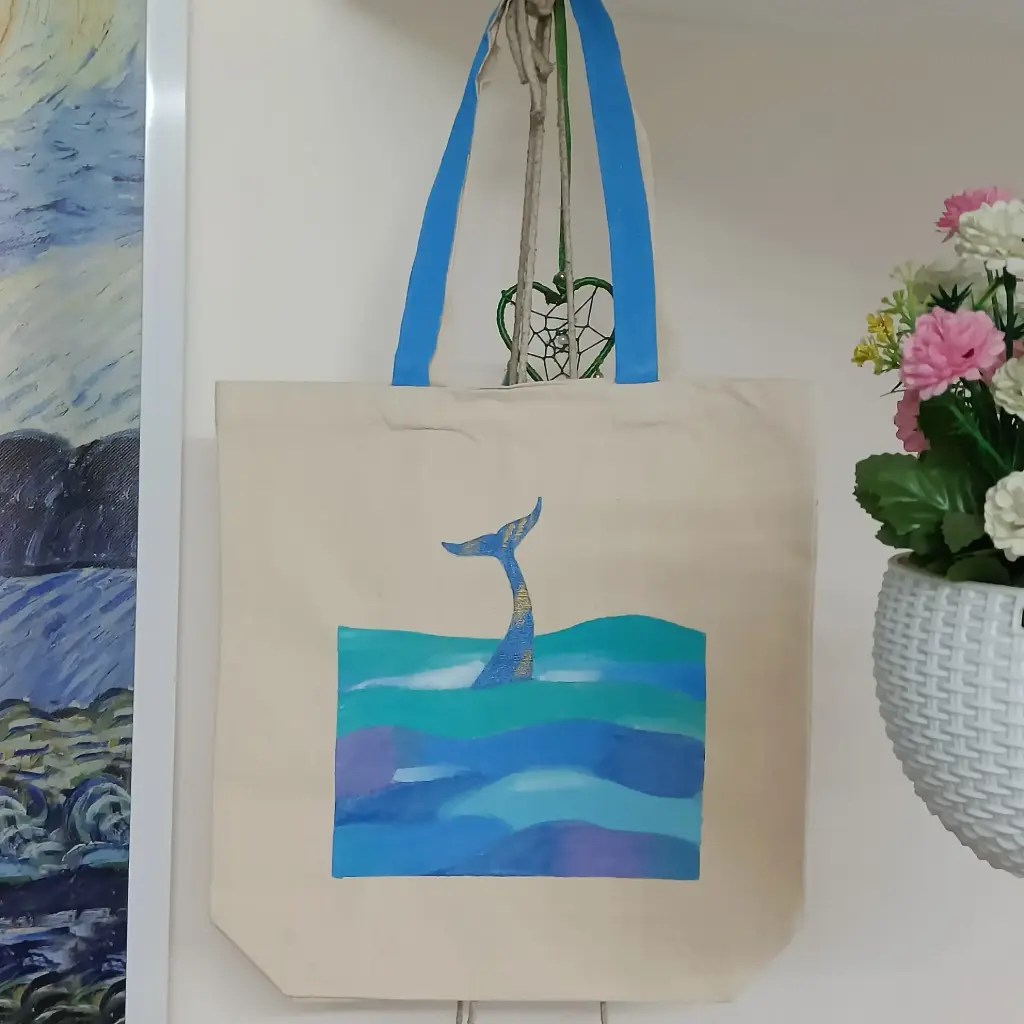Hand-Painted Tote Bag – Whale in Ocean Design | Eco-Friendly Handmade Cotton Bag