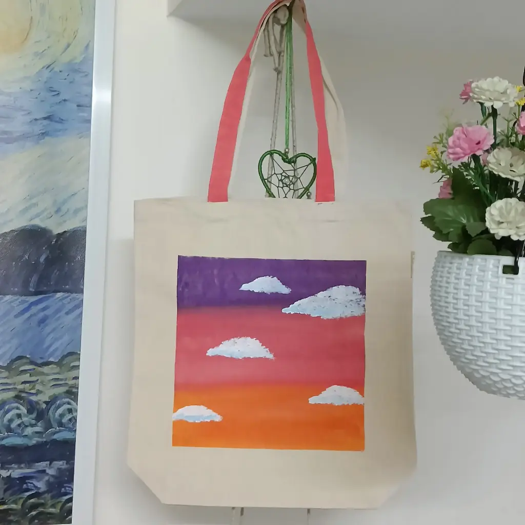Hand-Painted Tote Bag – Sunset Sky with Clouds | Handmade Cotton Canvas Tote