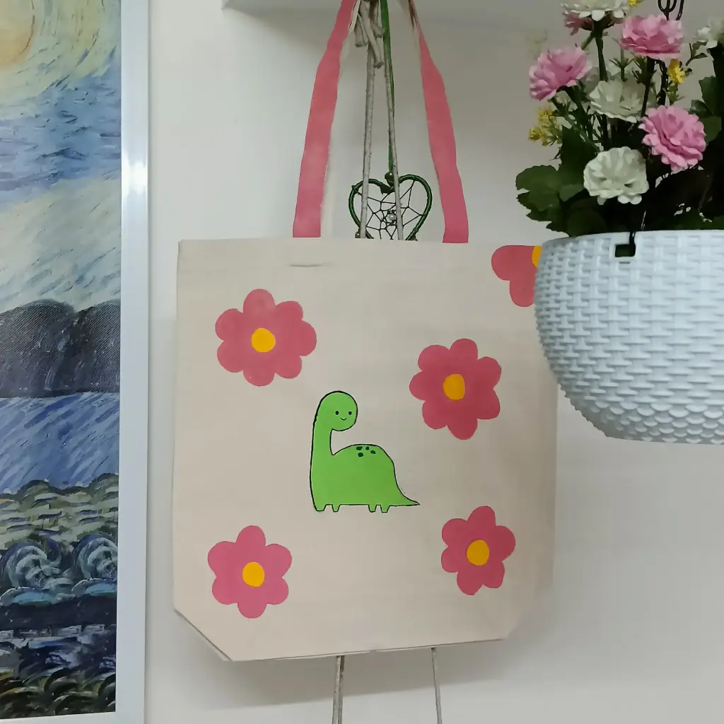 Hand Made Tote Bags-Dinosaur & Pink Flowers Canvas Tote Bag