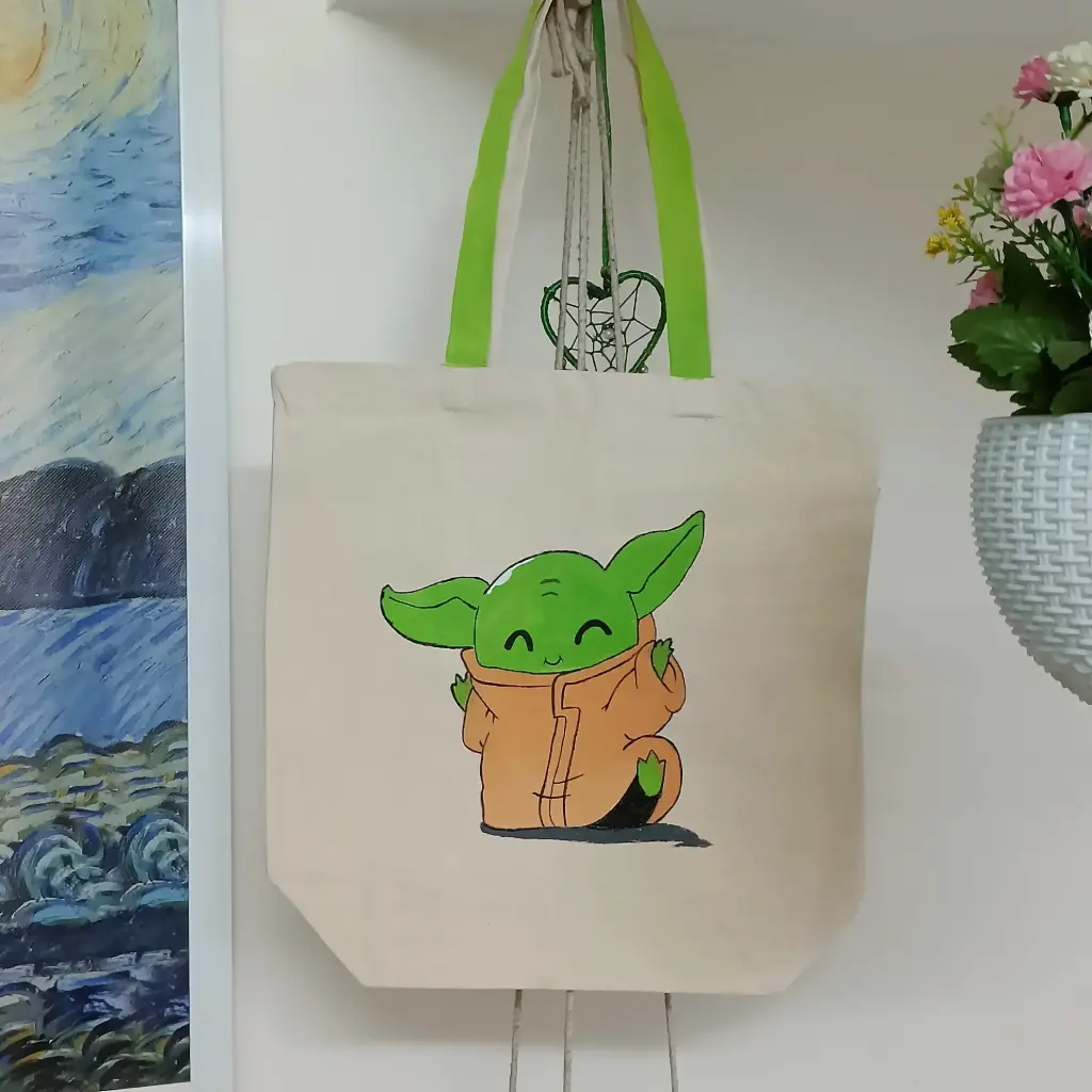 Baby Yoda Hand-Painted Canvas Tote Bag - Green Character Art