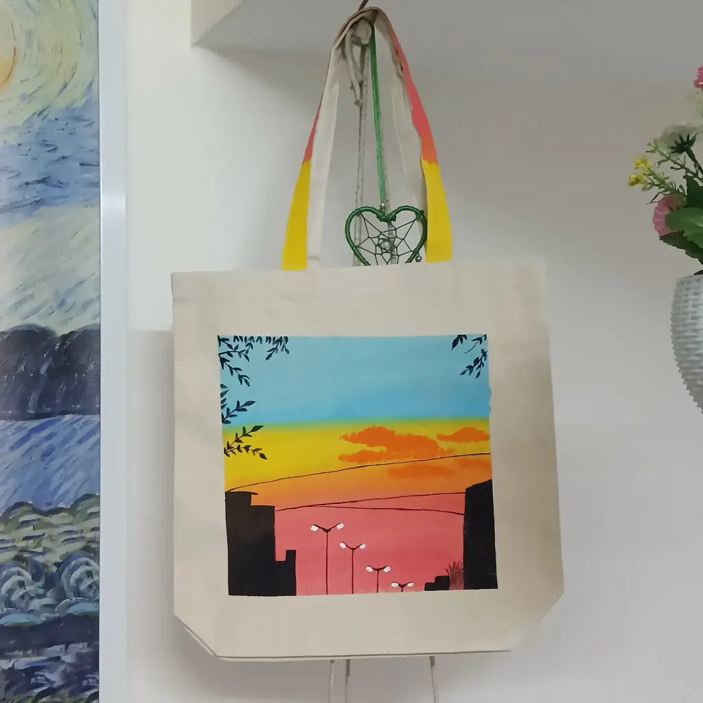 City Skyline Sunset Hand-Painted Canvas Tote Bag - Urban