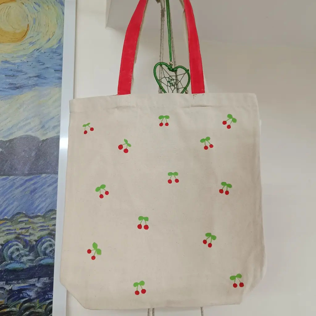Sweet Cherry Print Hand-Painted Canvas Tote Bag - Fruit Pattern