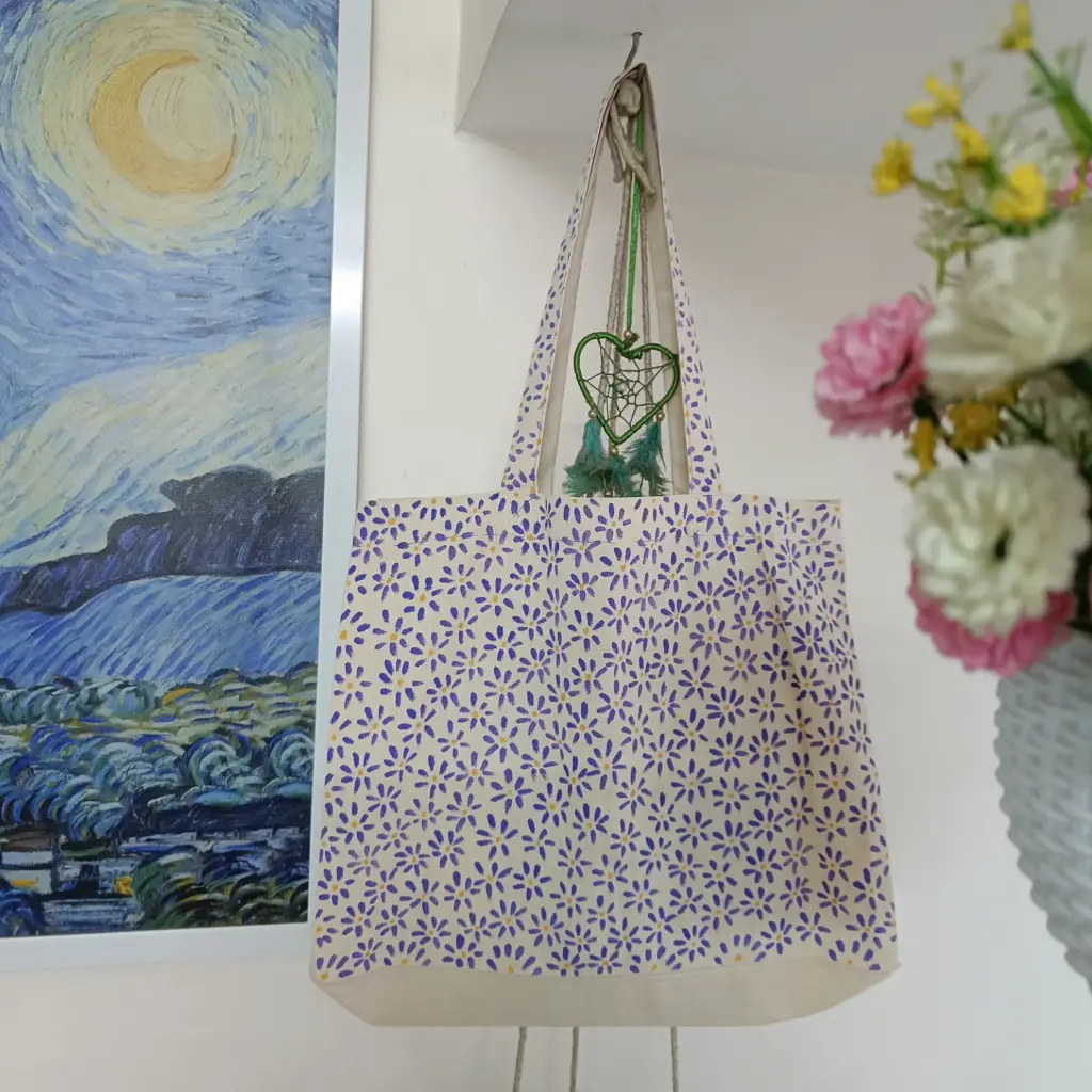 Purple Floral Mandala Hand-Painted Canvas Tote Bag - Bohemian Design